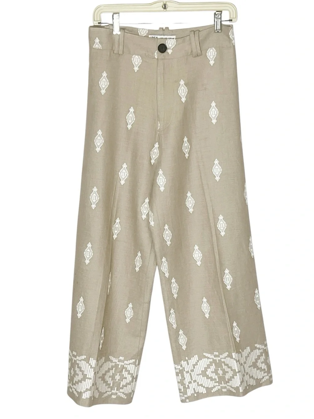 Zara tan linen embroidered wide leg trouser pants size S